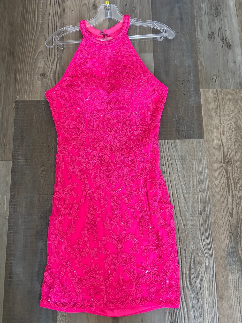 Sherri Hill Hot Pink Beaded Halter Back Fringe Dress